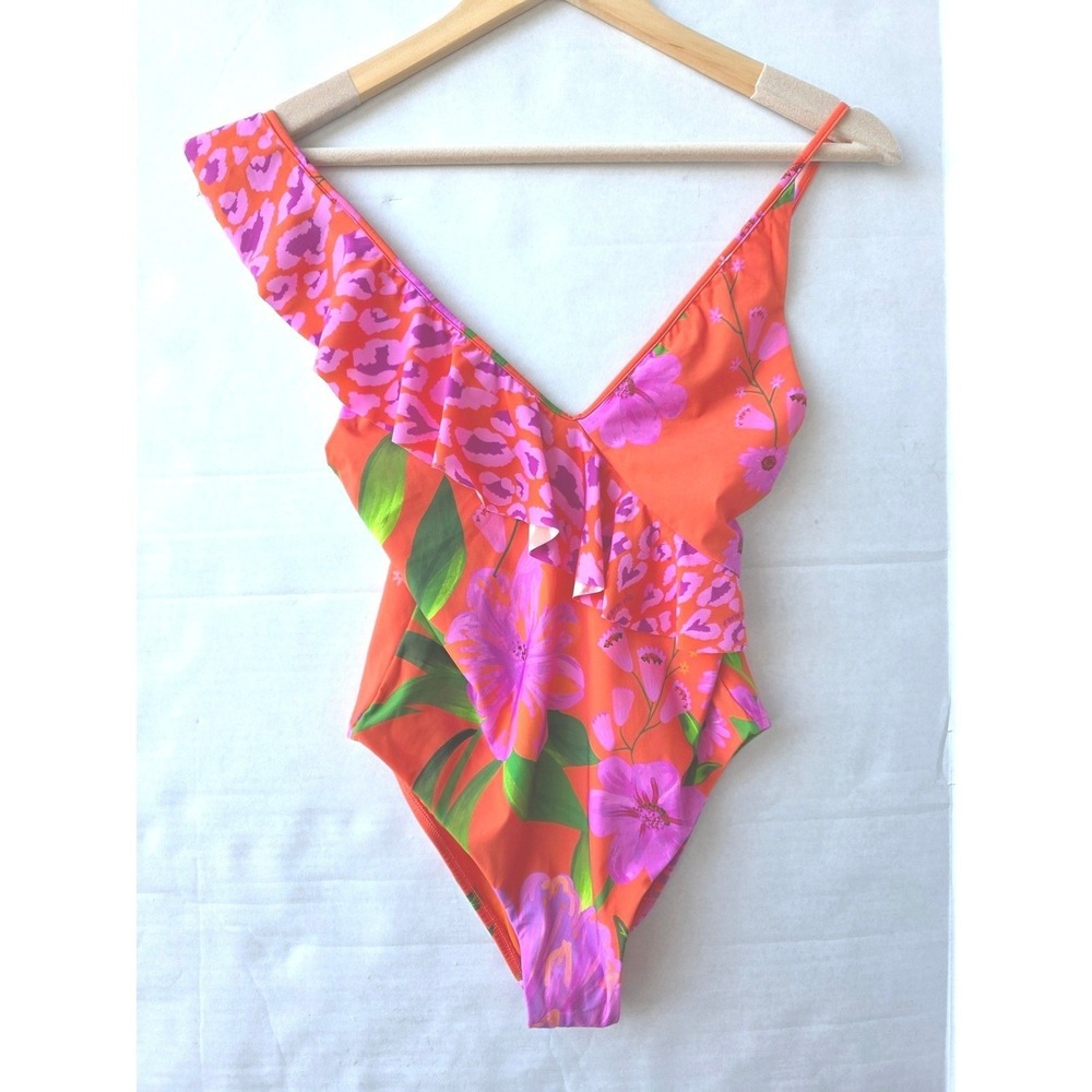 FARM Rio One Piece Swimsuit Leopard Tropical Ruffle Pink Orange Asymmetric Small